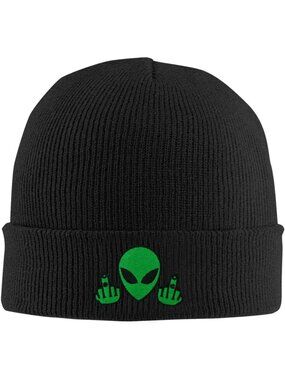 Unisex Black Alien Hat Fish Embroidery Halloween Winter Knit Cuffed Skull Cap